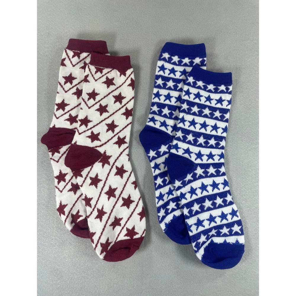 Unisex Patriotic Star Print Crew Socks 2 Pair Set Red Blue White Americana